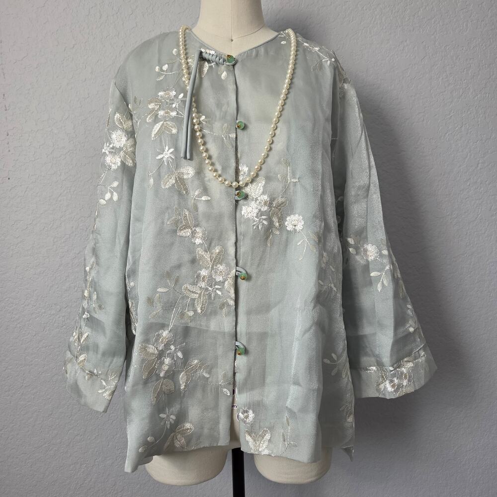 Stunning Embroidered Silk Satin Jacket - Sage Green Floral Blouse